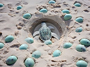 Green sea turtle eggs in sand hole on a beach