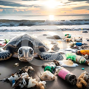 Green sea turtle with garbage on the beach.
