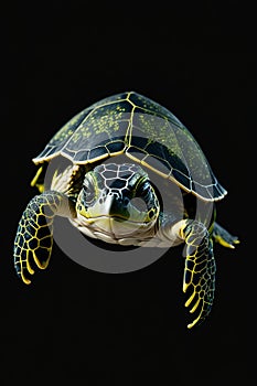 Green sea turtle isolated on black background.