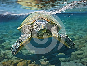 Green sea turtle making landfall near Maui with his mouth open