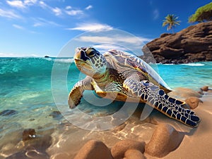 Green sea turtle making landfall near Maui with his mouth open