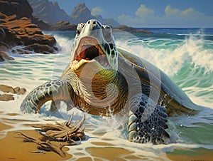 Green sea turtle making landfall near Maui with his mouth open