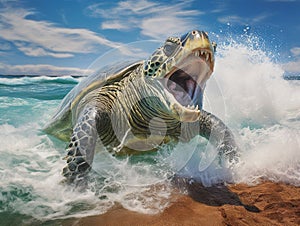 Green sea turtle making landfall near Maui with his mouth open