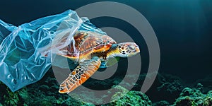 Green sea turtle in plastic bag on coral reef. Concept of environmental pollution