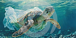 Green sea turtle in plastic bag on coral reef. Concept of environmental pollution