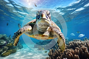 Green sea turtle swimming in the blue ocean. Underwater shot, Green sea turtle swimming in turquoise sea water, captured through