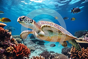 Green sea turtle swimming in the blue ocean. Underwater world on coral reef