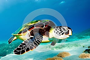 Green sea turtle swimming in the blue sea. Tropical underwater scene. Generative AI