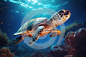 Green sea turtle swimming in the deep blue ocean. Underwater world, Hawksbill Turtle in deep sea, AI Generated