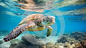 Green sea turtle swimming gracefully through crystal clear ocean waters. Under water close up view of sea turtle