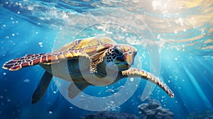 Green sea turtle swimming gracefully through crystal clear ocean waters. Under water close up view of sea turtle