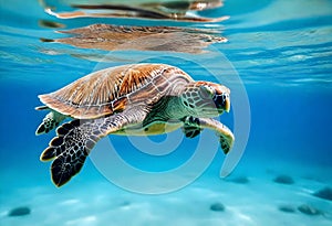 a green sea turtle swimming in the ocean with reflection