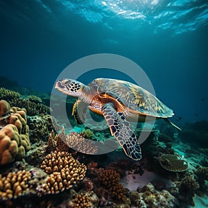 green sea turtle swimming underwater in a clear blue ocean