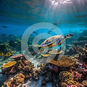 green sea turtle swimming underwater in a clear blue ocean