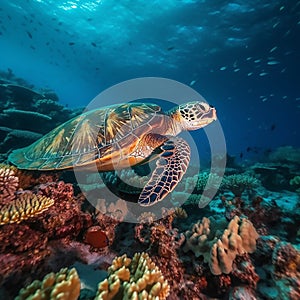 green sea turtle swimming underwater in a clear blue ocean