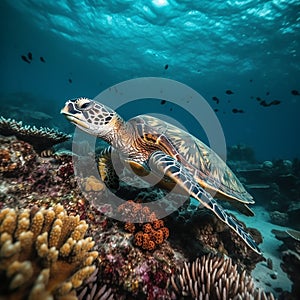 green sea turtle swimming underwater in a clear blue ocean