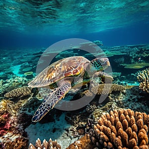 green sea turtle swimming underwater in a clear blue ocean