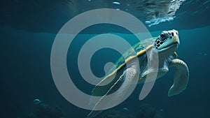 Green sea turtle swimming underwater in deep blue ocean.