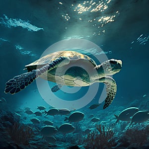 Green sea turtle swimming underwater in deep blue ocean. 3d render