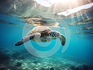 Green Sea Turtle swimming underwater in deep blue ocean. Made with Generative AI