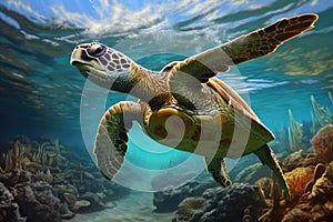 Green sea turtle swimming underwater in the ocean. 3d illustration, Hawaiian Green Sea Turtle Chelonia mydas in the Red Sea, AI