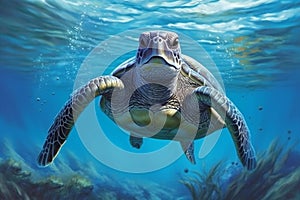 Green sea turtle swimming underwater in the ocean,  Sea tortoise