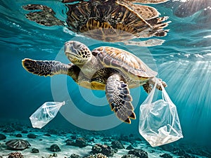 Green sea turtle swimming underwater with plastic bag.