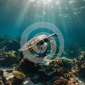 Green sea turtle swimming underwater with sunrays and corals on coral reef