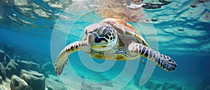 A green sea turtle swims in the blue ocean, Ai Generated