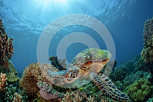 green sea turtle swims on coral reef