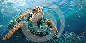 Green sea turtle tangled in fishing net. Concept of environmental pollution.