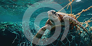 Green sea turtle tangled in fishing net. Concept of environmental pollution.