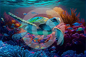 Green sea turtle underwater swimming