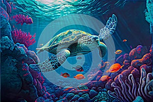 Green sea turtle underwater swimming