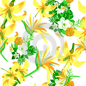 Green Seamless Art. Yellow Pattern Art. Golden Tropical Palm. White Flower Design. Organic Floral Foliage.