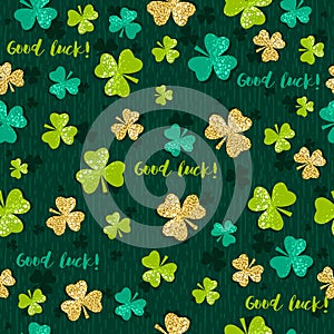 Green seamless background for Patricks day with golden shamrock