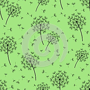 Green seamless pattern with black dandelions