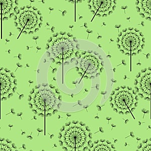 Green seamless pattern with black dandelions fluff