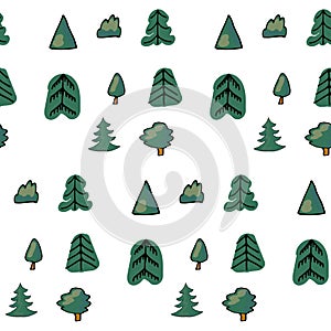 Green seamless pattern of different trees and bushes. Vector forest illustration on white background. Simple cartoon
