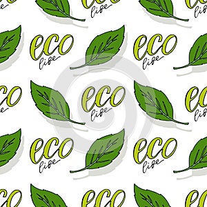 Green seamless pattern. Eco life vector background. Organic natural backdrop. Hand drawn texture for healthy food