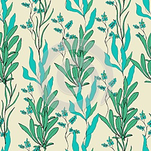 Green seamless pattern, leaves on a beige background. Vector print for fabric, paper and wallpaper