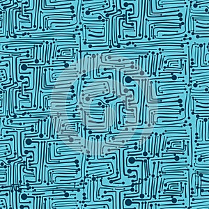 Green Seamless Printed Circuit Board Pattern, blue hand drawing