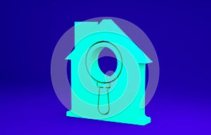 Green Search house icon isolated on blue background. Real estate symbol of a house under magnifying glass. Minimalism