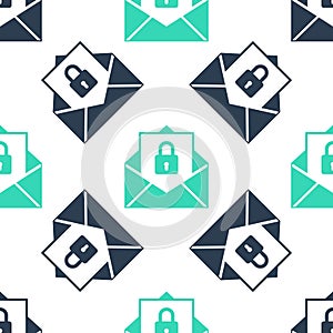 Green Secure mail icon isolated seamless pattern on white background. Mailing envelope locked with padlock. Vector