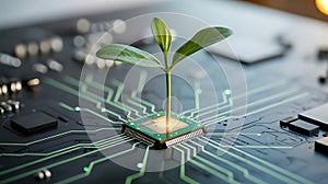 Green seedling growing from computer chip technology