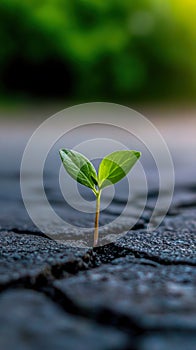green seedling grows through a broken dark gray asphalt surface