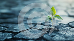 green seedling grows through a broken dark gray asphalt surface