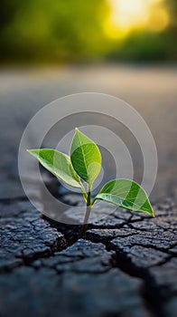green seedling grows through a broken dark gray asphalt surface