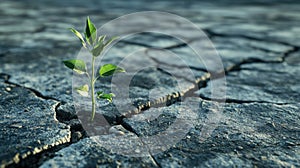 green seedling grows through a broken dark gray asphalt surface