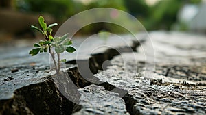 green seedling tree growing out of pavement concrete crack